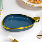 Stylish Blue Ceramic Deep Triangular Platter – Gold Rim & Hook Handle, 24cm